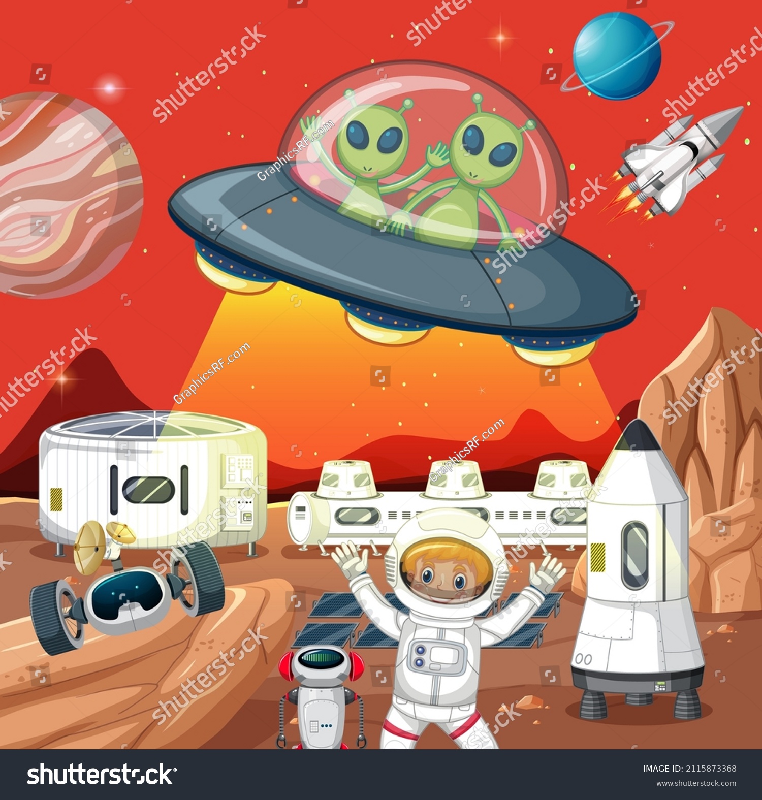 Outer Space Scene Astonaut Alien Cartoon Stock Vector (Royalty Free ...