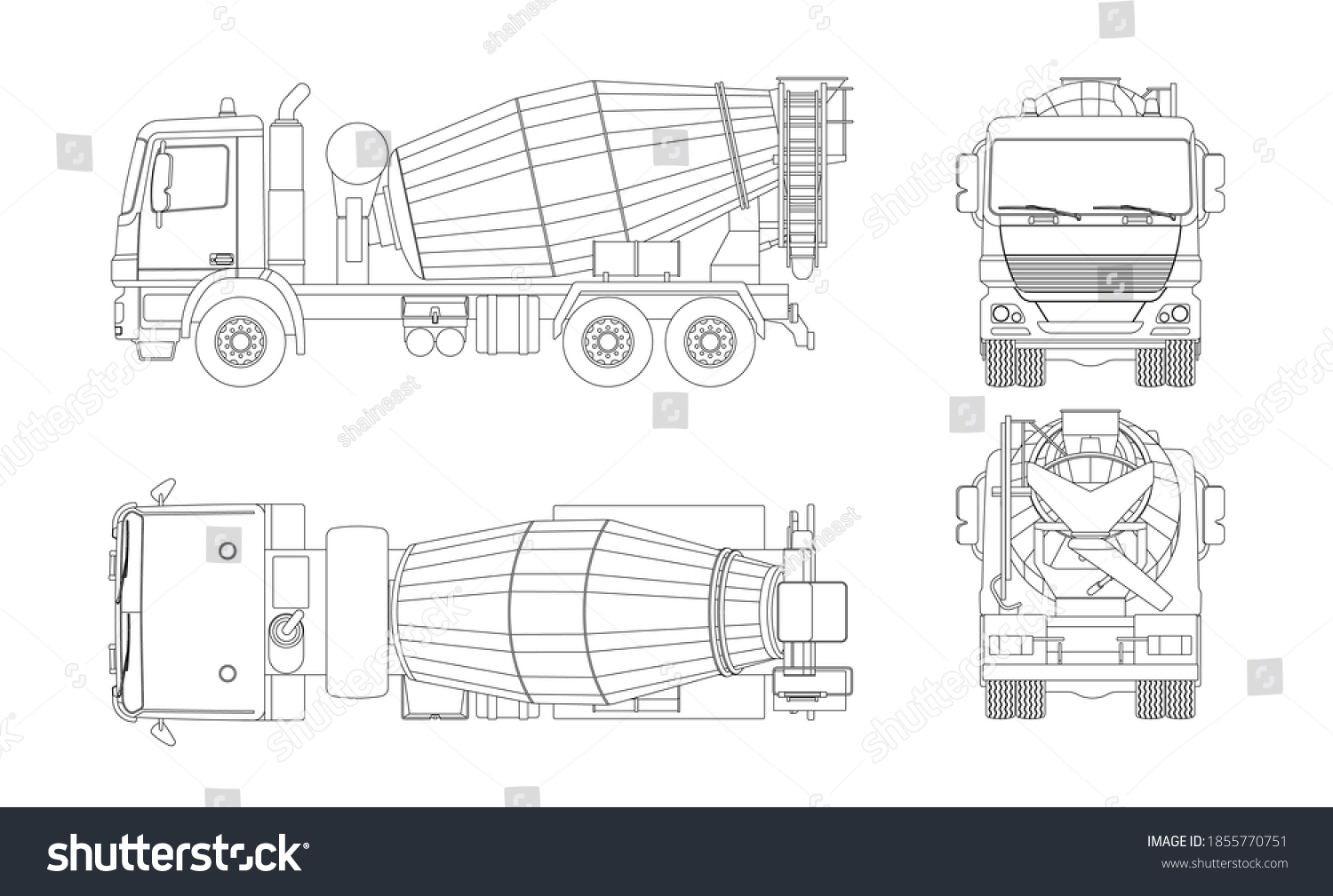 SVG of Outline concrete mixer truck. Side, top, front and back views. Isolated lorry blueprint. Industrial drawing. Construction vehicle for build. Vector illustration svg
