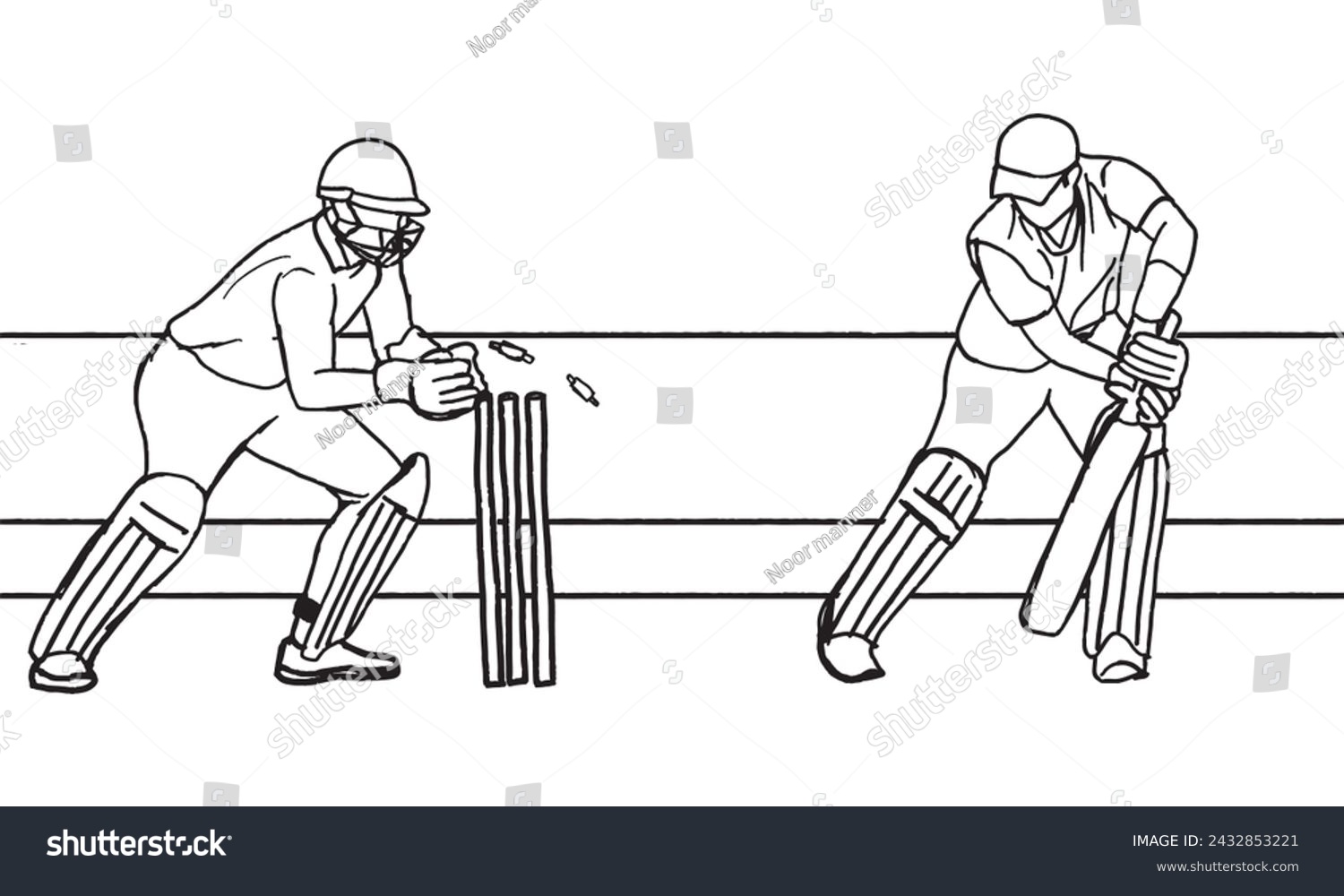 SVG of Outline cricket scene, players wicket keeper and batsmen in action pose svg
