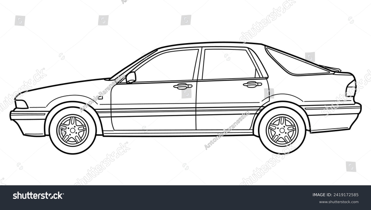 recommend clip art: Outline drawing of a hatchback car from side view. Classic 80s, 90s style. Vector outline doodle illustration. Design for print or color book.	
