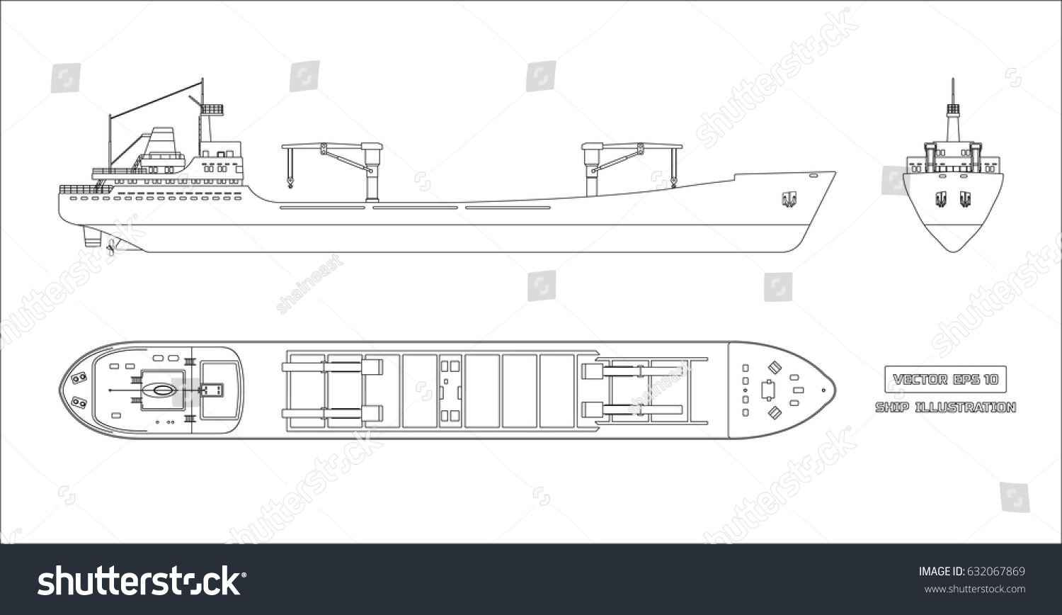 SVG of Outline drawing of cargo ship on a white background. Top, side and front view. Container transport. Vector illustration svg