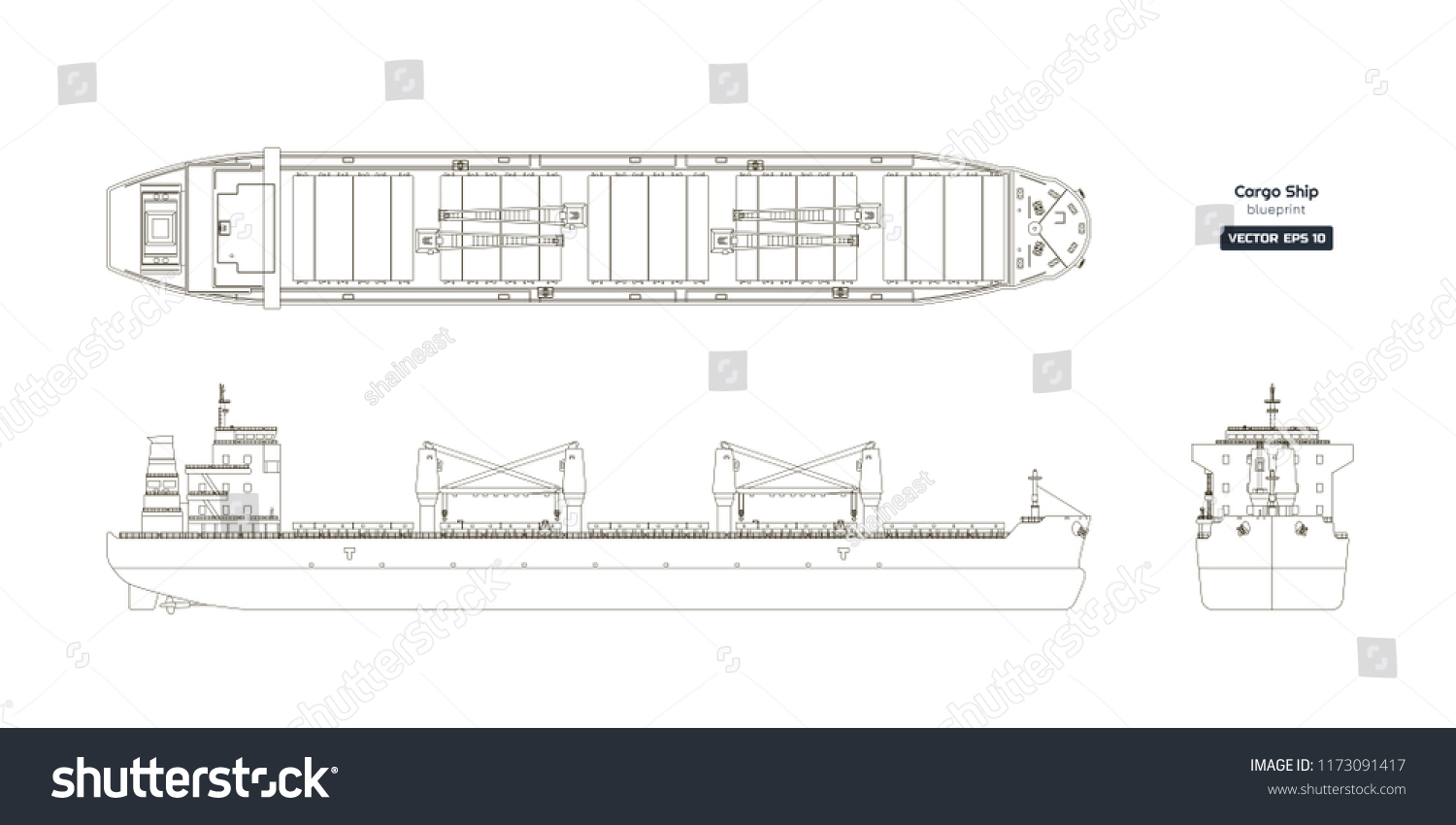 SVG of Outline drawing of cargo ship on a white background. Top, side and front view of tanker. Container boat blueprint. Vector illustration svg