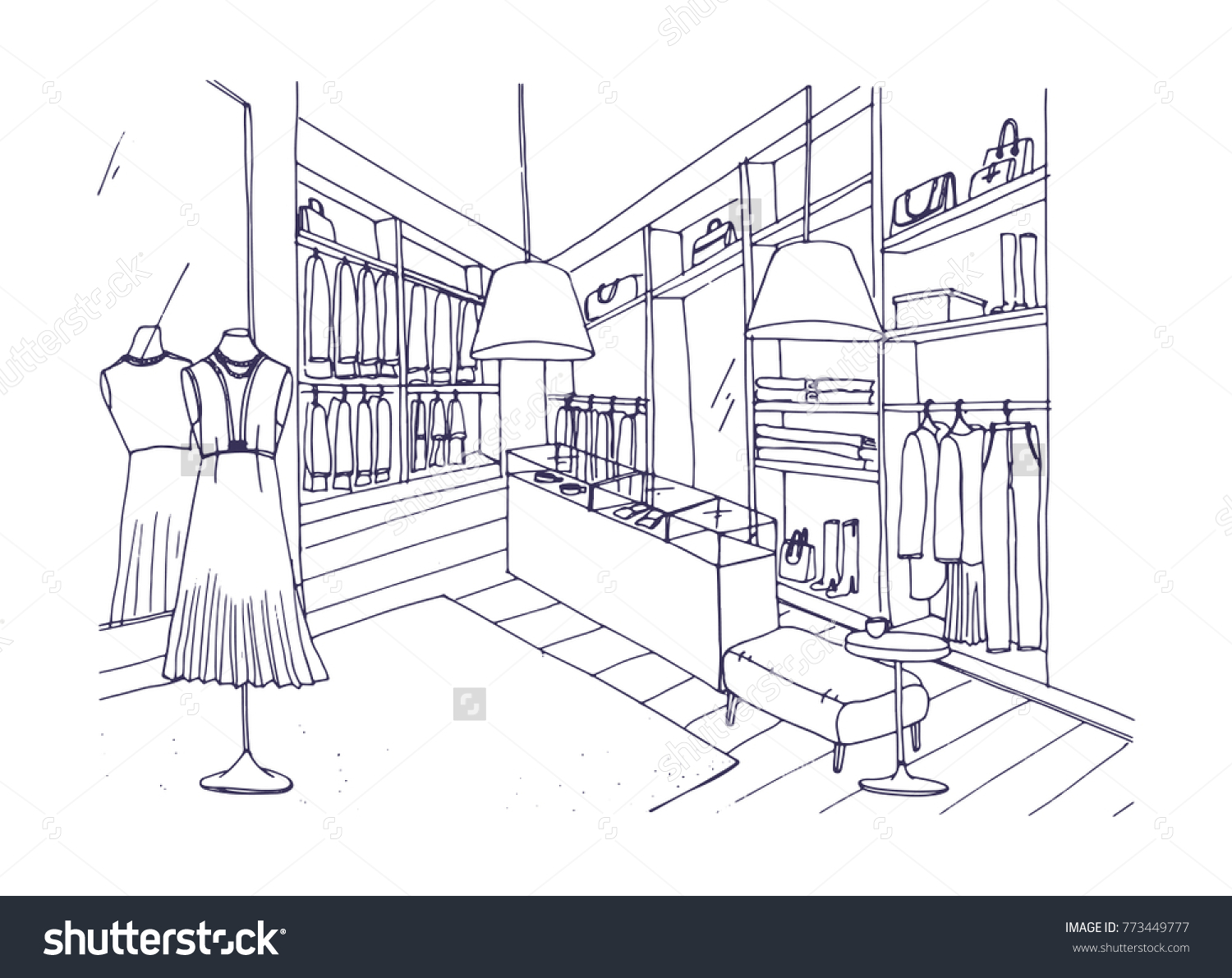 Outline Drawing Fashionable Clothing Shop Interior Stock Vector