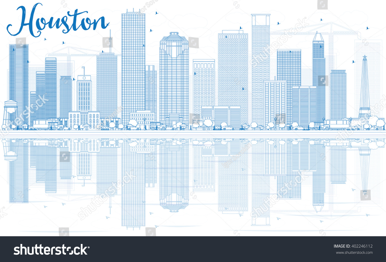 Outline Houston Skyline Blue Buildings Reflections Stock Vector ...