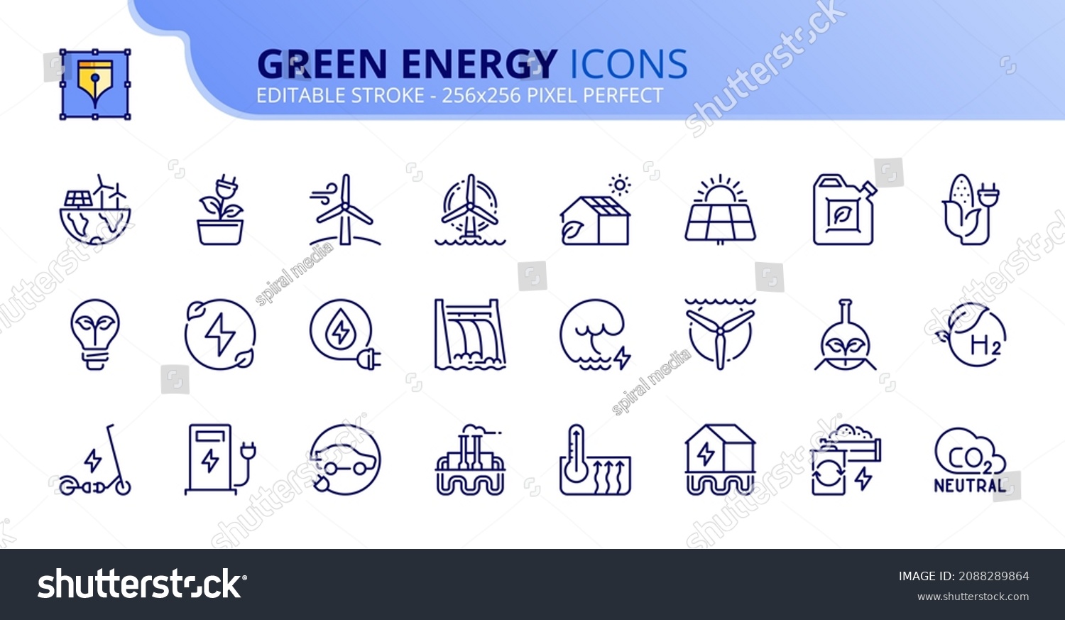 SVG of Outline icons about green energy. Ecology concept. Contains such icons as CO2 neutral, solar, geothermal and wind energy, hydropower, biofuel and biomass. Editable stroke Vector 256x256 pixel perfect svg