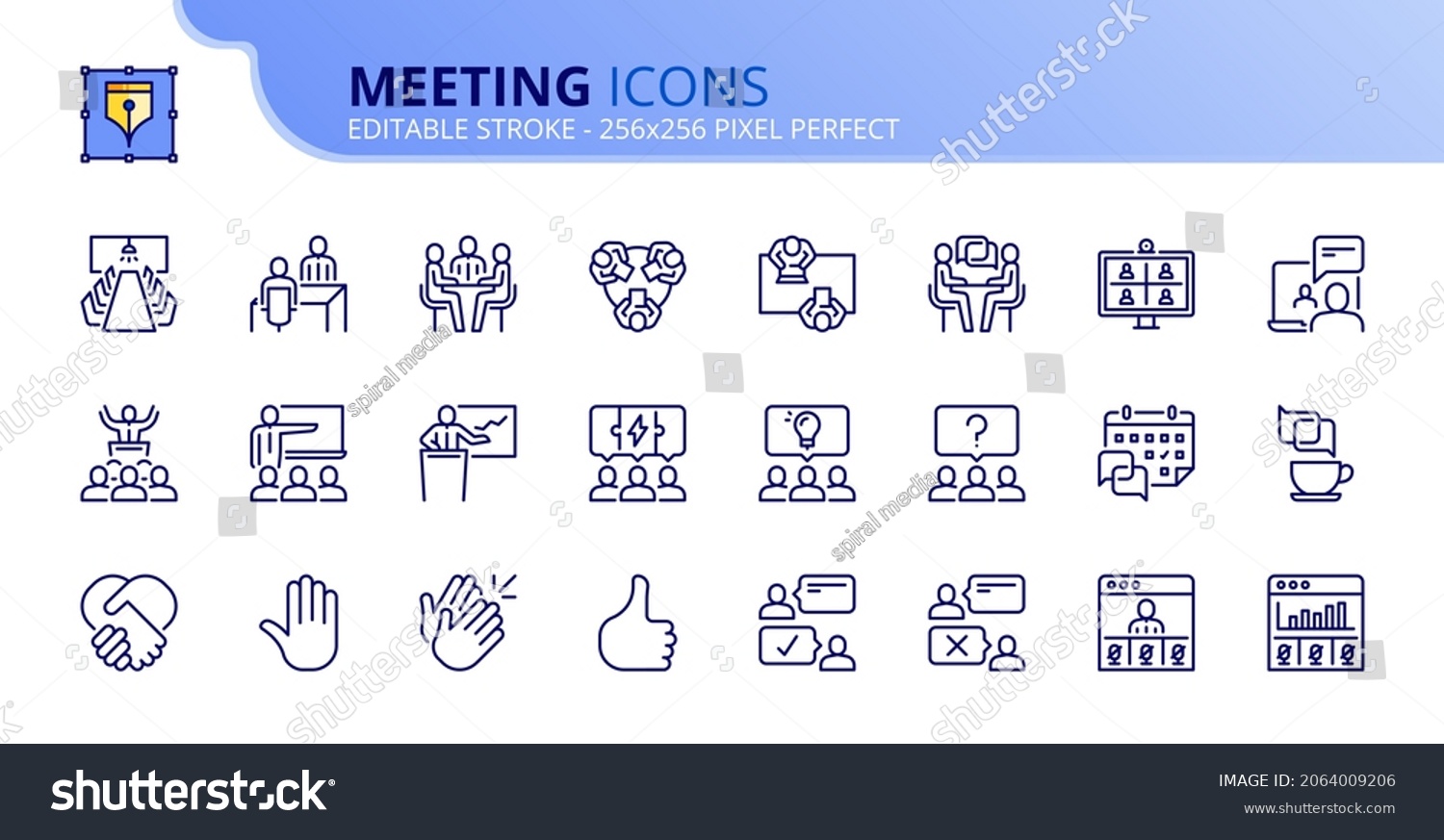 SVG of Outline icons about meeting. Business concept. Contains such icons as conference, interview, presentation, webinar, teamwork and coworking. Editable stroke Vector 256x256 pixel perfect svg