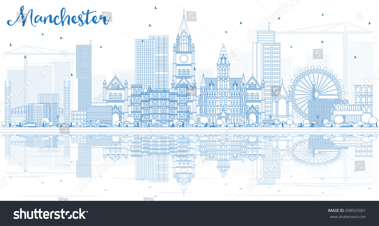 Outline Manchester Skyline Blue Buildings Reflections Stock Vector ...