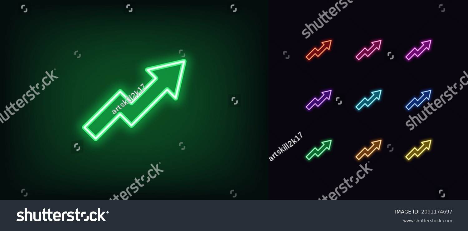 SVG of Outline neon arrow growth icon. Glowing neon upward chart sign, rise arrow pictogram in vivid colors. Financial forecast, rise in shares, increase profit, growing trend. Vector icon set, symbol for UI svg