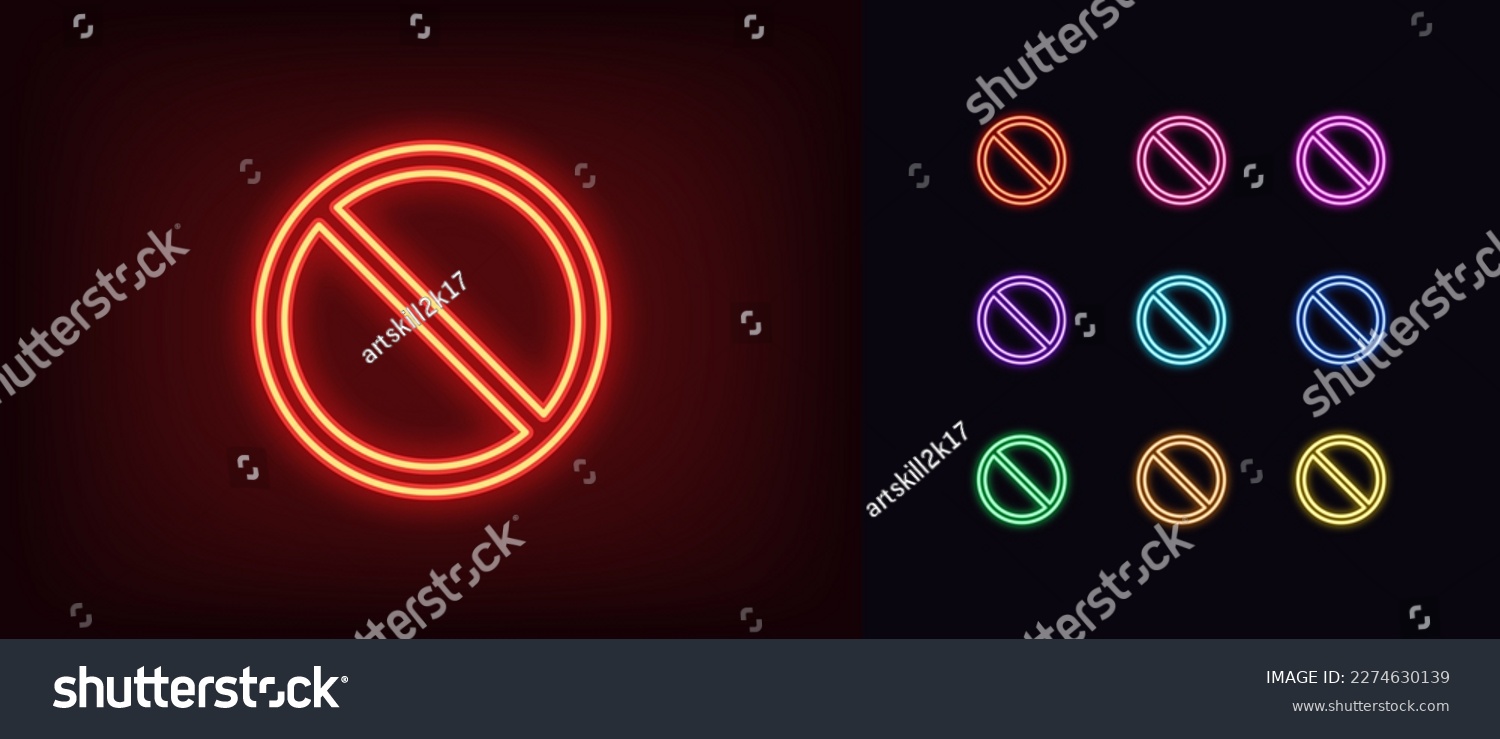SVG of Outline neon ban icon. Glowing neon forbidden crossed circle sign, ban and restriction pictogram. Not allowed entry, mistake, embargo and sanction, illegal way, wrong. Vector icon set svg