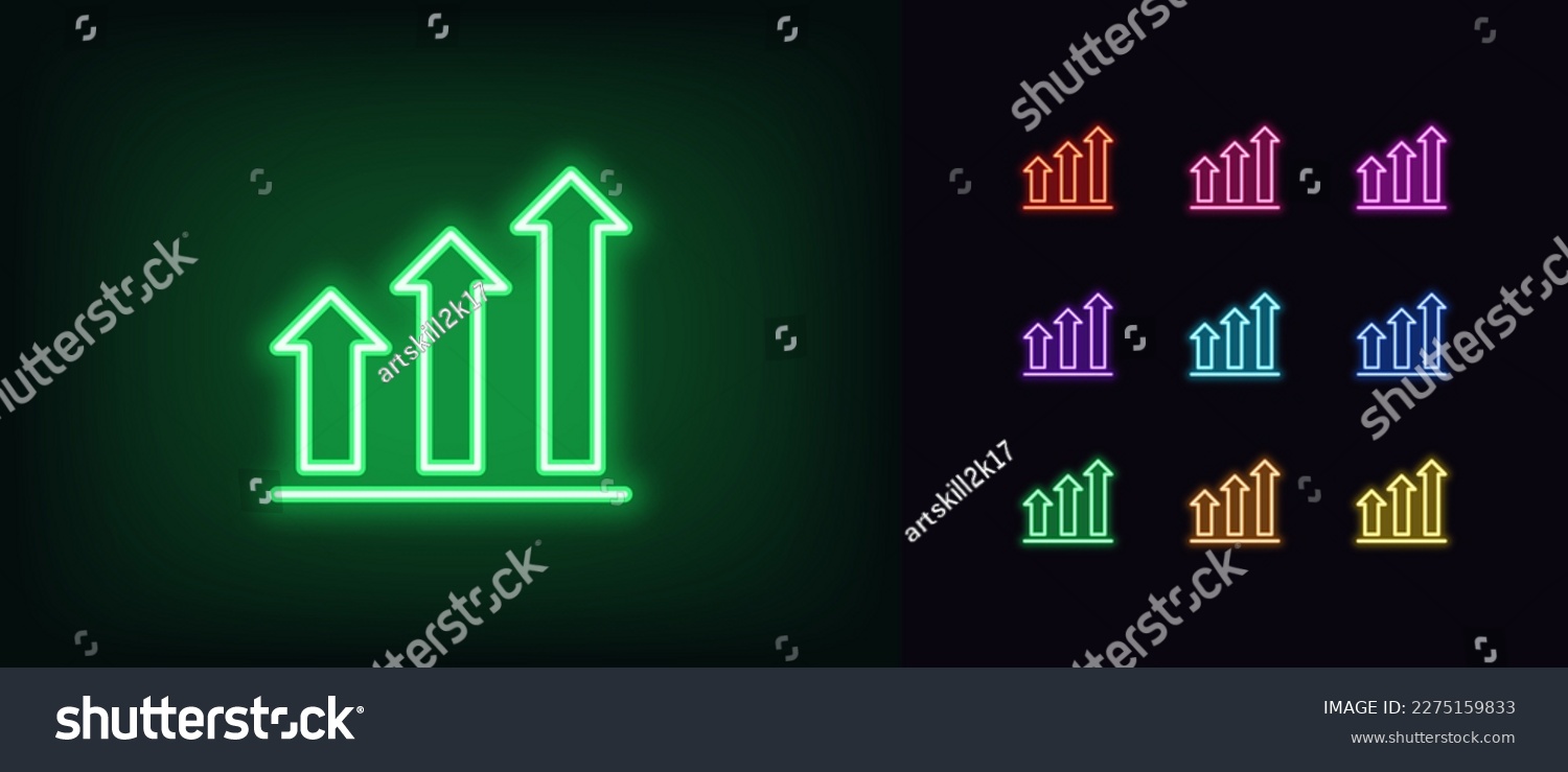 SVG of Outline neon growth arrow bars icon. Glowing neon upward chart trend sign, rise arrow bars. Financial forecast, rise in shares, growth level, increase profit, growing trend. Vector icon set svg