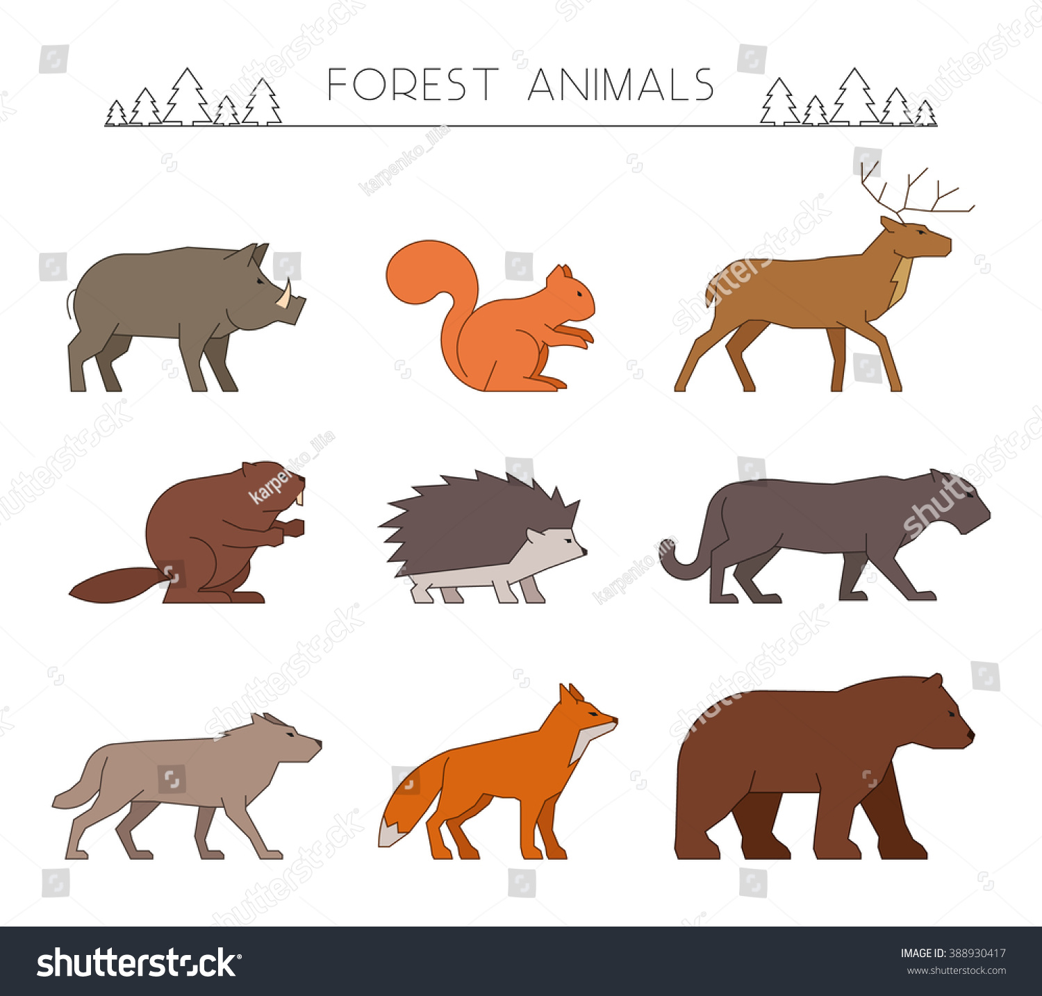 Outline Set Forest Animals Linear Silhouettes Stock Vector (Royalty ...