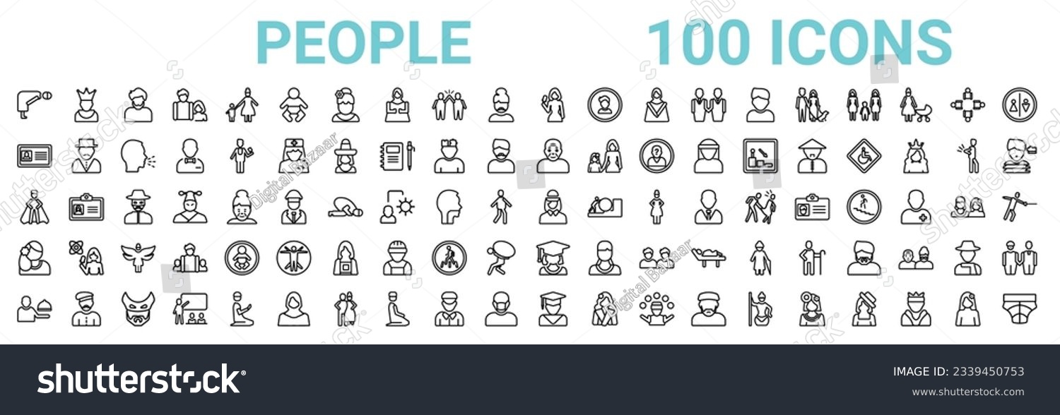 SVG of outline set of 100 people line icons. linear vector icons such as empress,identification ard,old man,cape,delivery woman,venezuelan,students graduation hat,graduated student. vector illustration svg