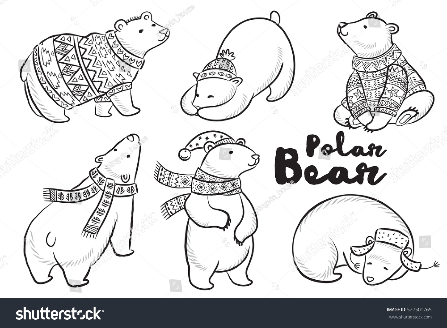 Outline set of Polar bears in sweater scarf and hat with ornaments Cute characters