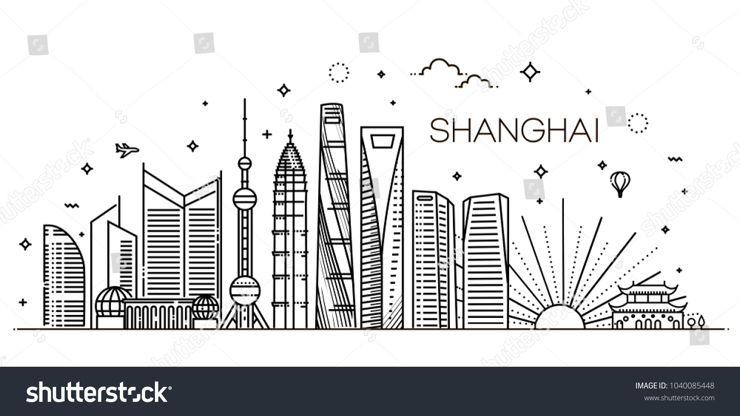 Outline Shanghai Skyline Modern Buildings Vector Stock Vector (Royalty ...