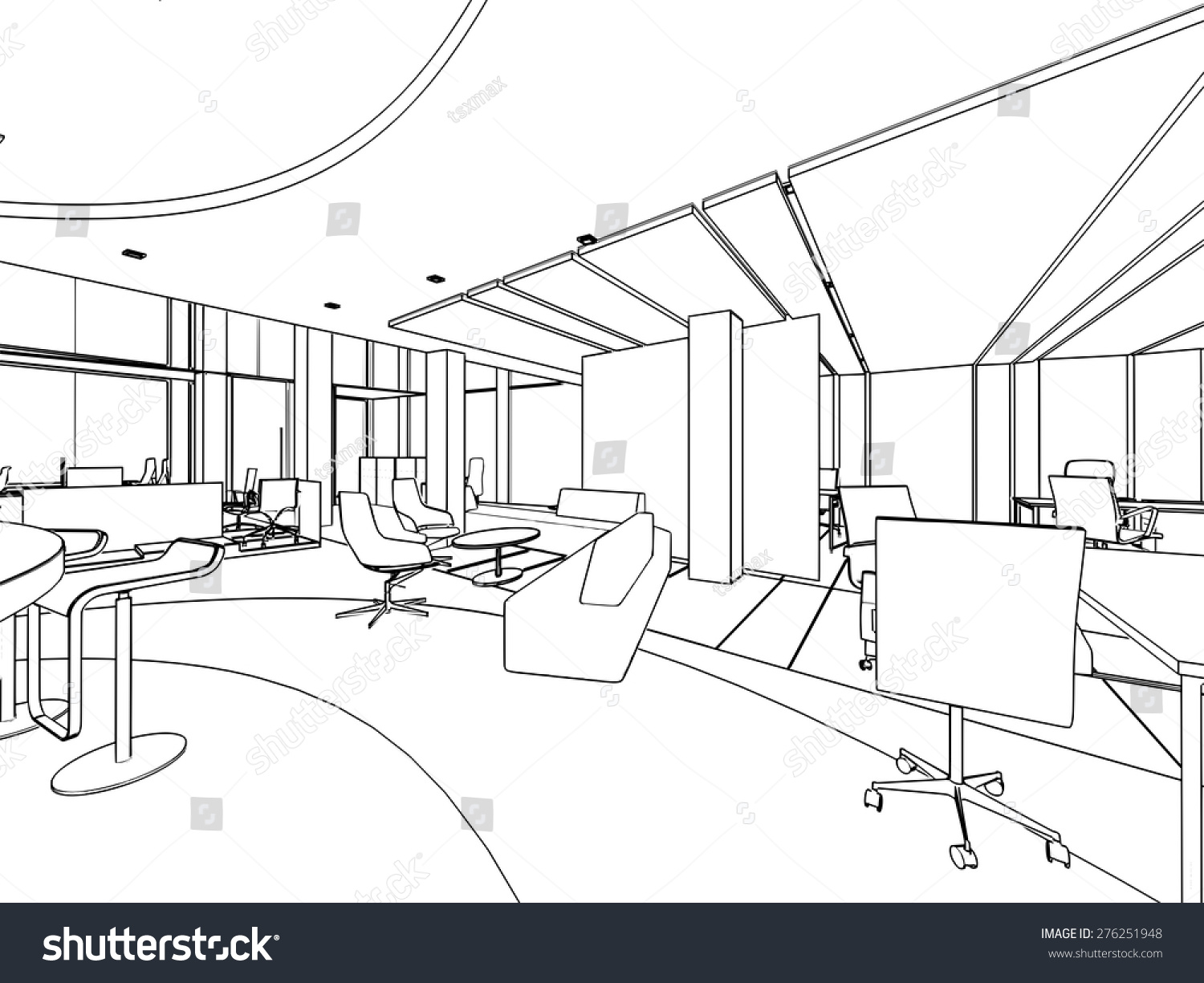 Outline Sketch Drawing Of A Interior Space Office Stock Vector ...