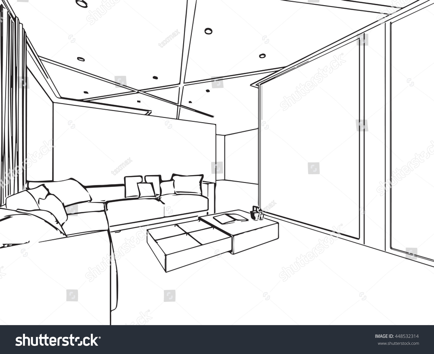 Outline Sketch Drawing Perspective Interior Space Stock