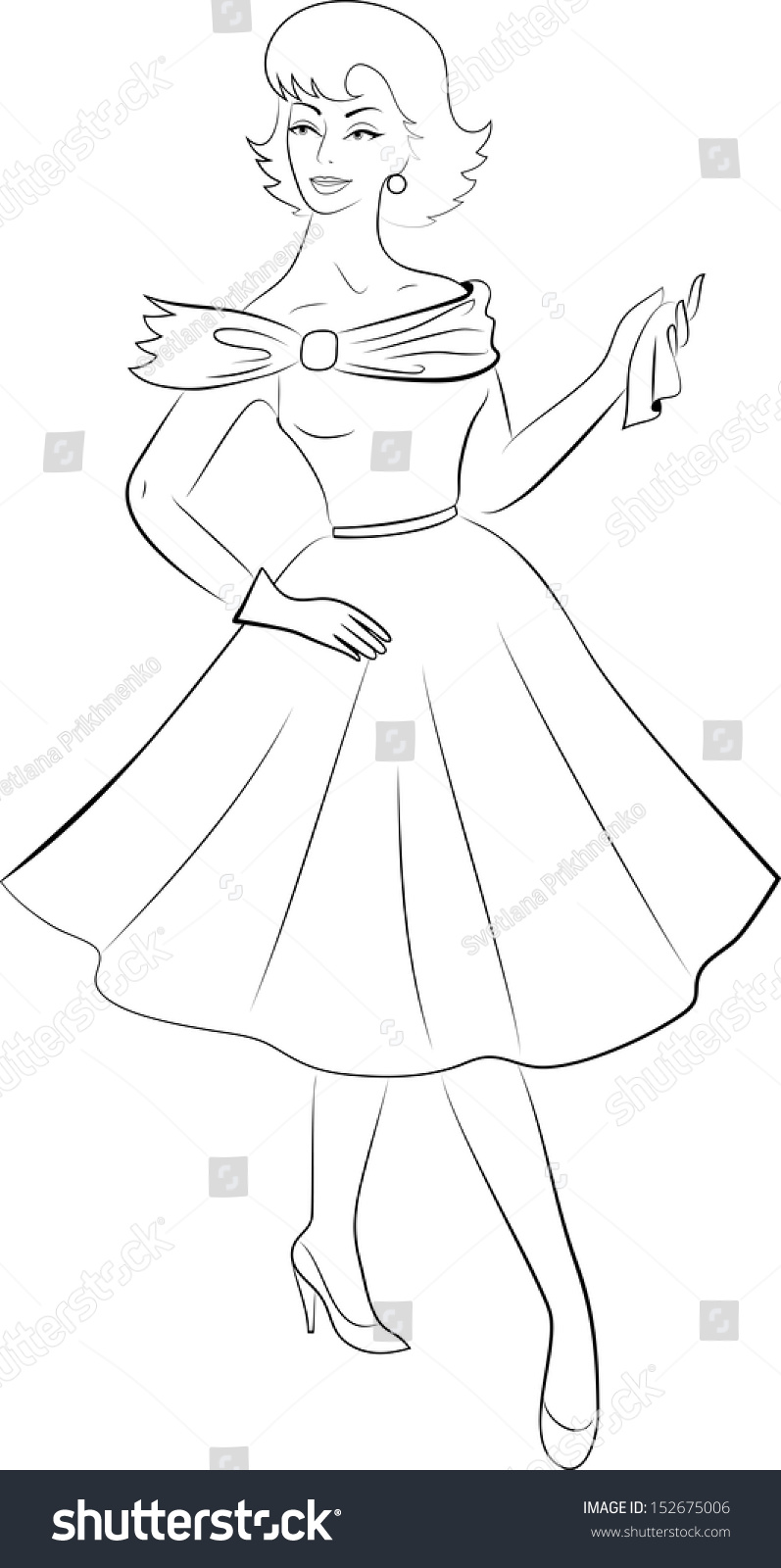 Outline Sketch Of Woman In Dress Of 50s Stock Vector Illustration ...