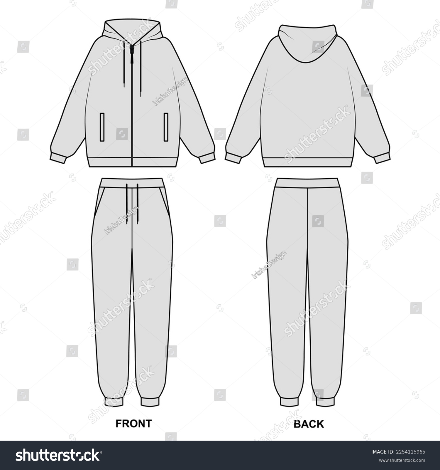 SVG of Outline vector drawing of fashionable tracksuit. Hoodie with zipper and pockets, vector. Vector template of sport pants, joggers with pockets. Sports suit contour sketch front and back view. svg