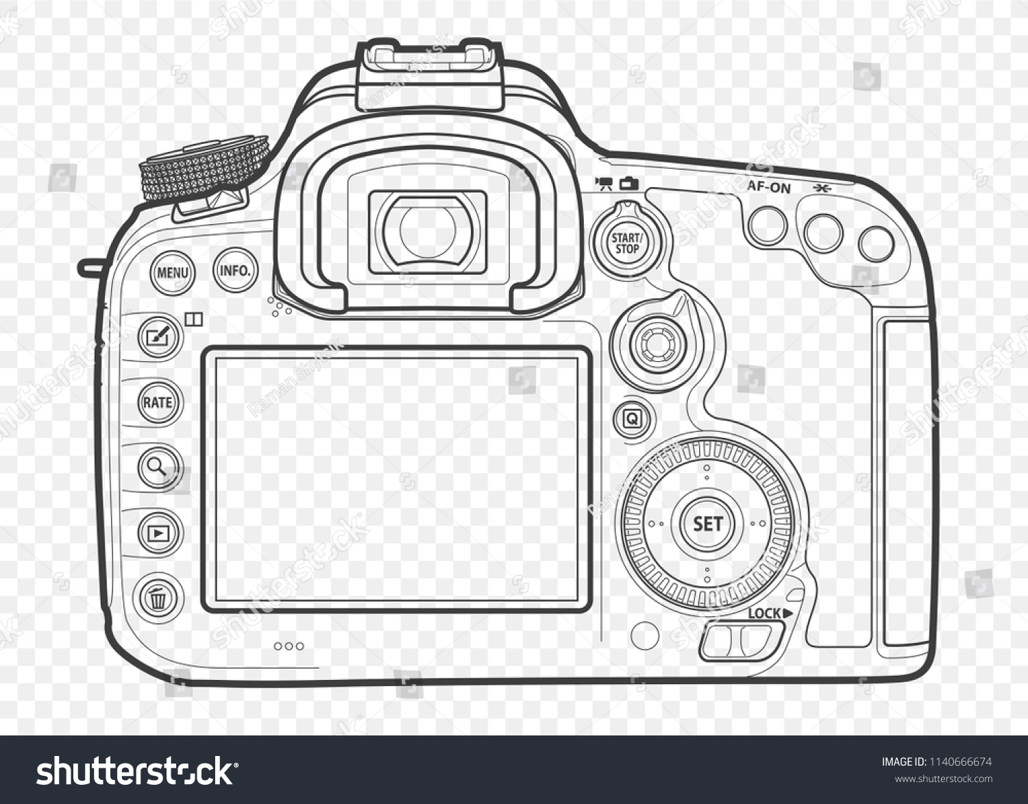 SVG of Outline vector illustration of reflex slr camera with lens in front, drawn with lines. svg