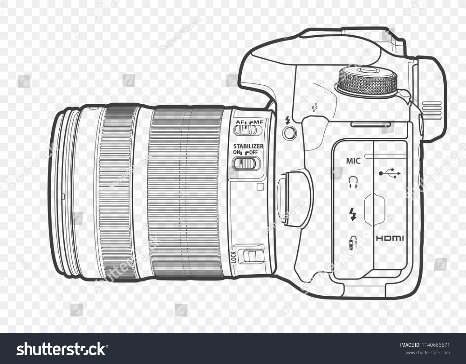 SVG of Outline vector illustration of reflex slr camera with lens in half-face, drawn with lines. svg