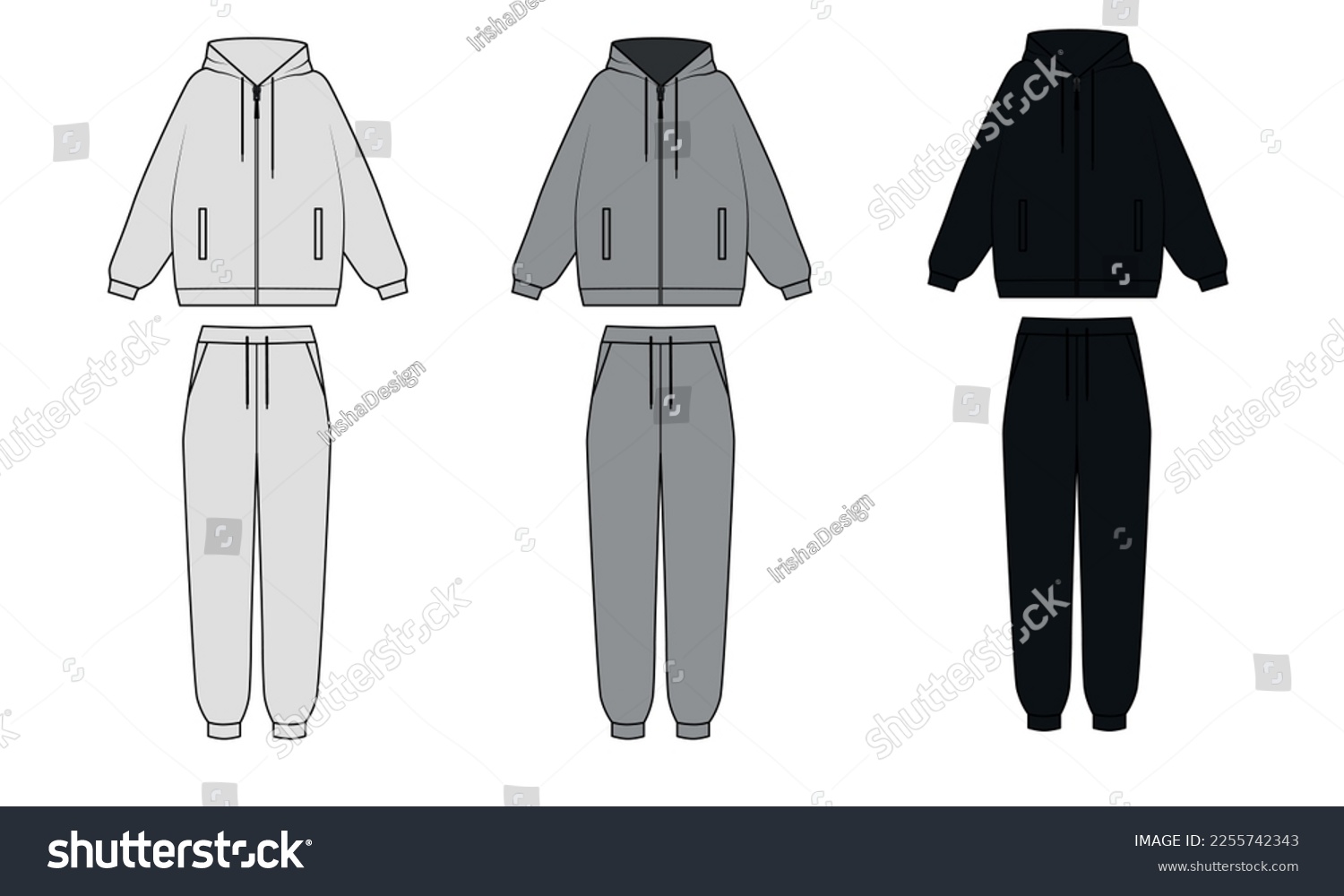 SVG of Outline vector set of drawings of fashionable tracksuits in white, gray and black colors. Hoodie with zipper and pockets, vector. Vector sketch of sports pants, joggers with pockets. svg