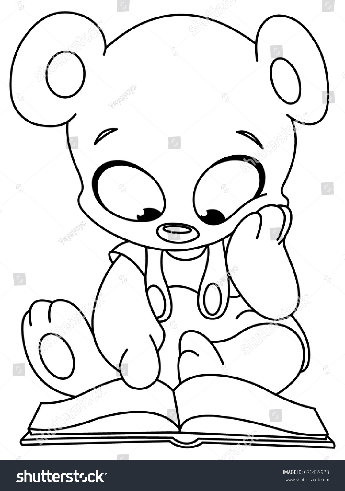 Outlined cute teddy bear reading a book Vector line art illustration coloring page