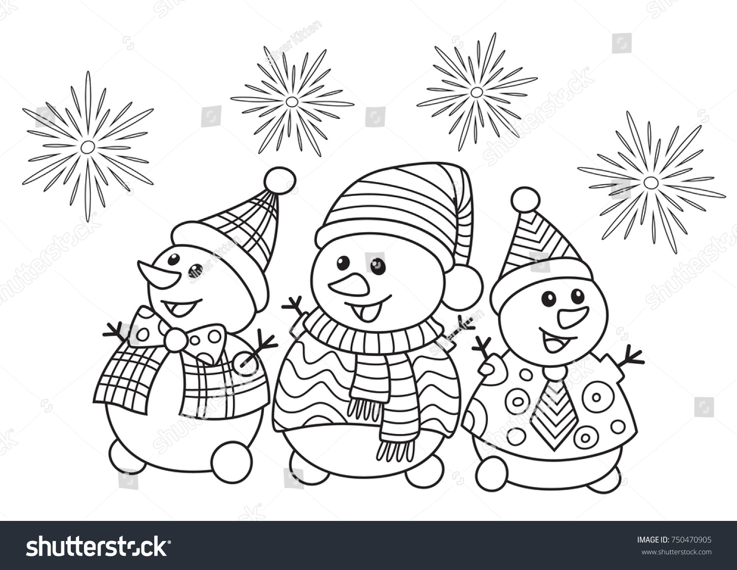 Outlined doodle anti stress christmas coloring funny snowmans Coloring book page for adults and