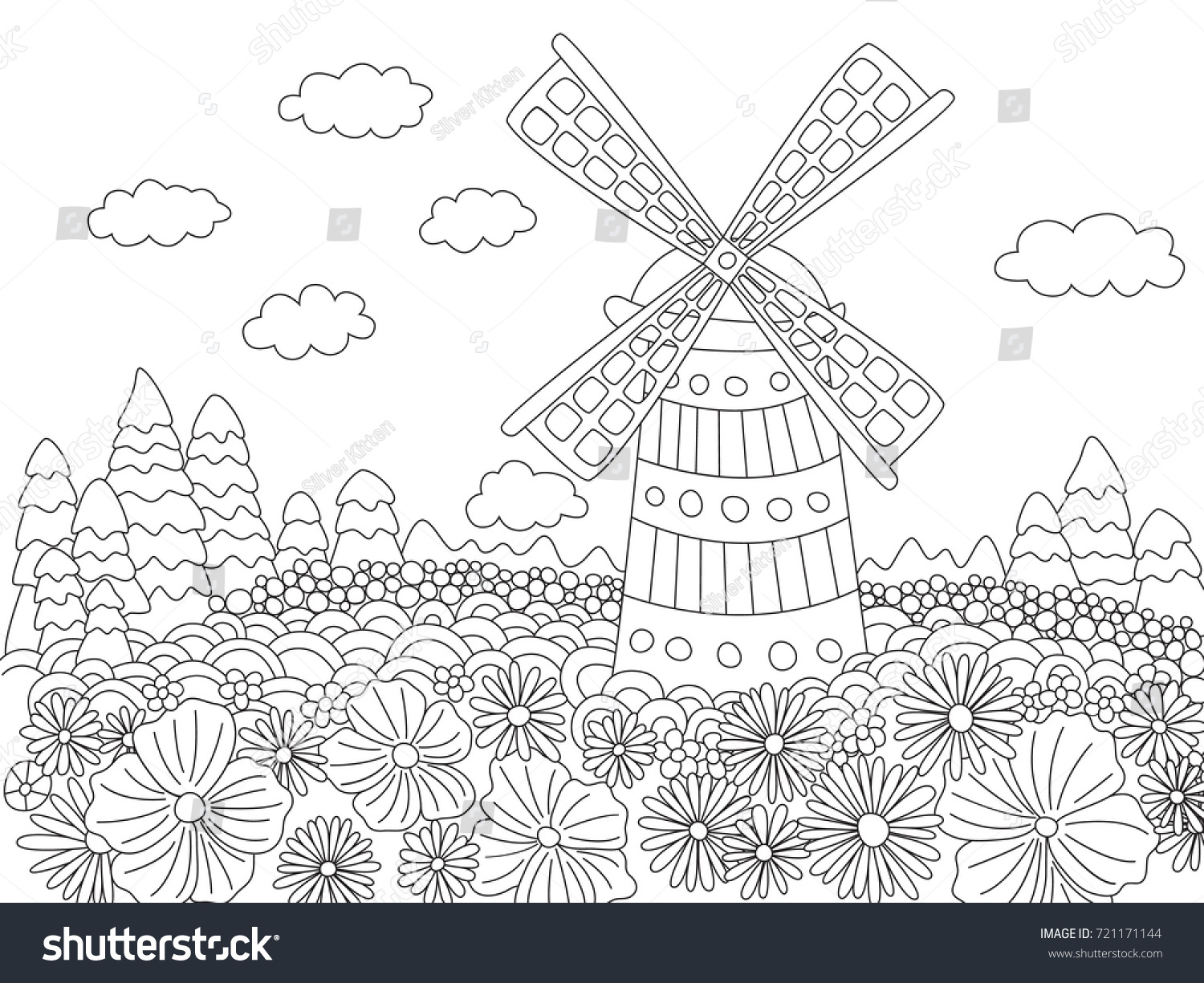 Outlined doodle anti stress coloring book page mill in flower field Coloring book page