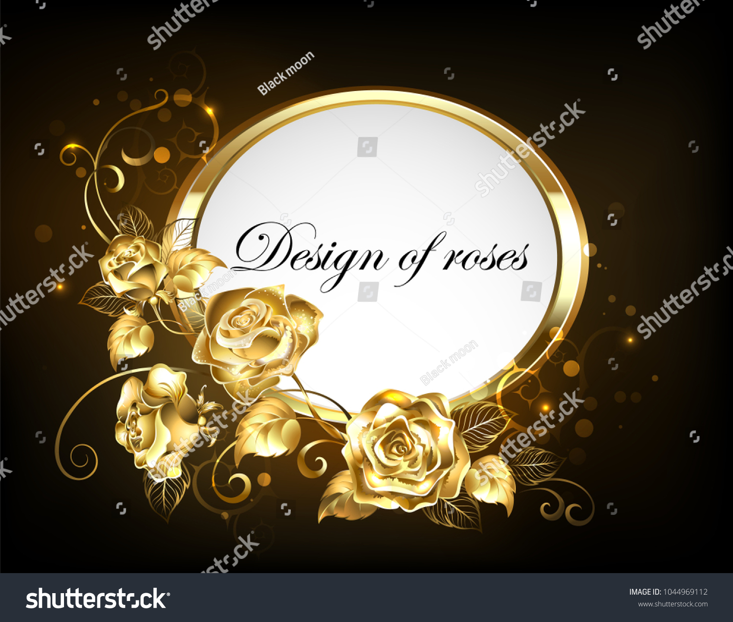 SVG of Oval banner with gold frame adorned with jeweled, intertwined roses with gold leafs on black background. 
 svg