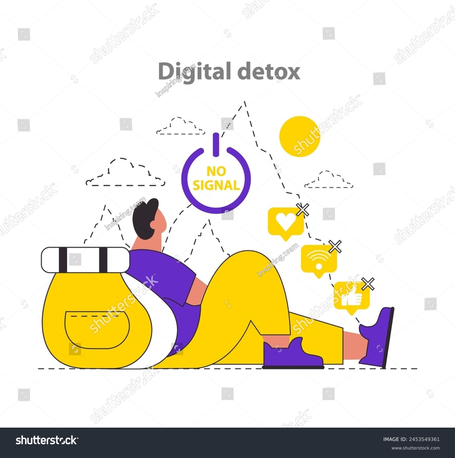 SVG of Overcoming FOMO concept. Person enjoying a break from technology under 'No Signal' sign, showing the benefits of digital detox. Time offline, mental health improvement. Vector illustration. svg