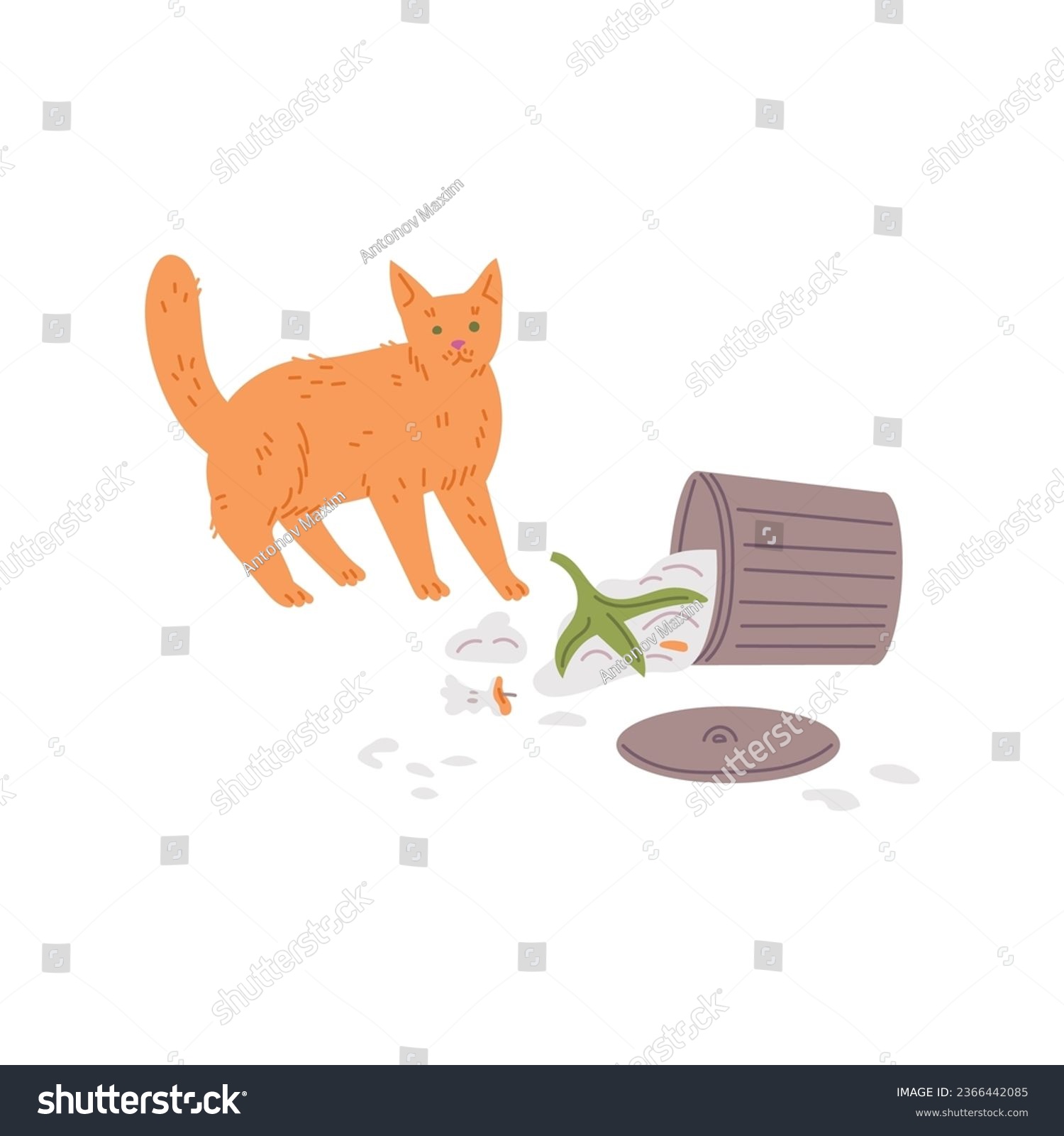 SVG of Overturned trash can, scattered garbage. Pet mess and clutter. Flat vector naughty ginger cat bad behavior illustration. Unacceptable inappropriate feline animal quirk isolated on white background svg