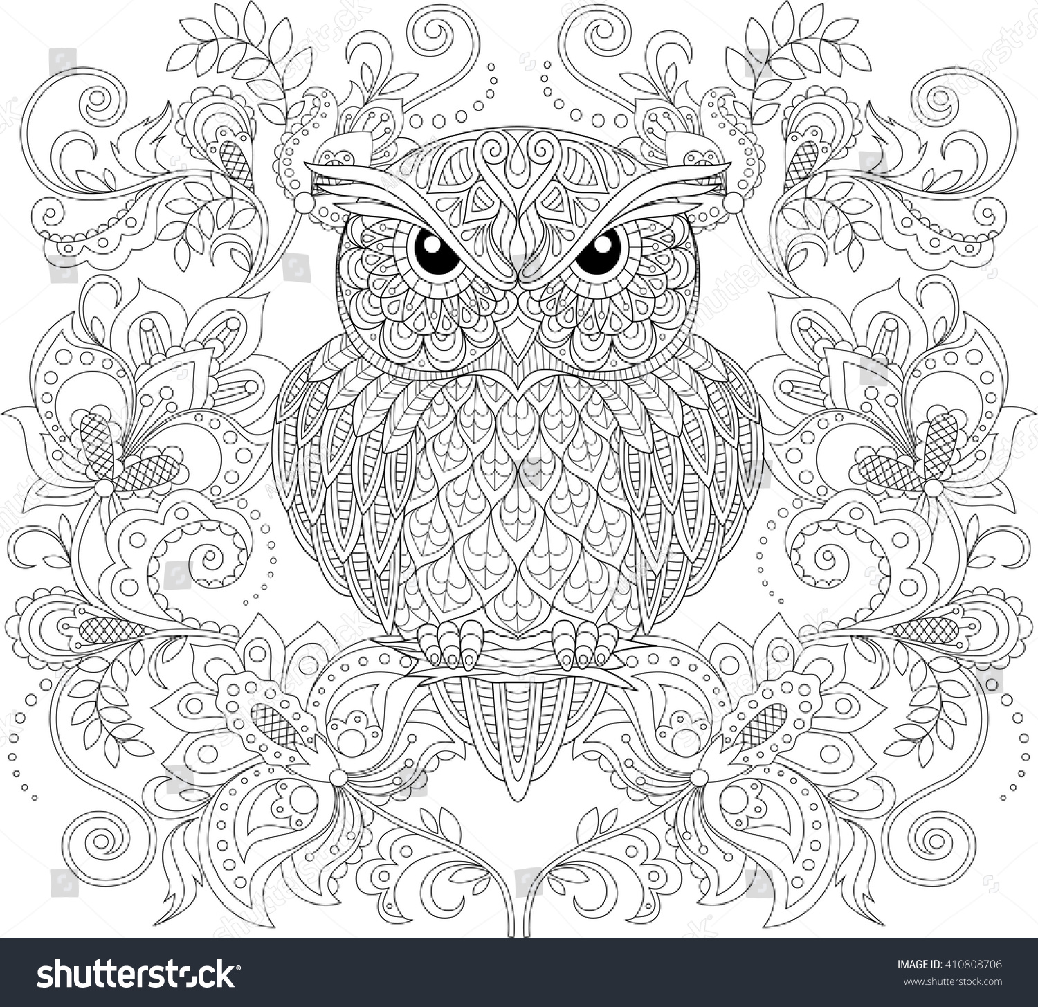 Owl Floral Ornament Adult Antistress Coloring Stock Vector (Royalty ...