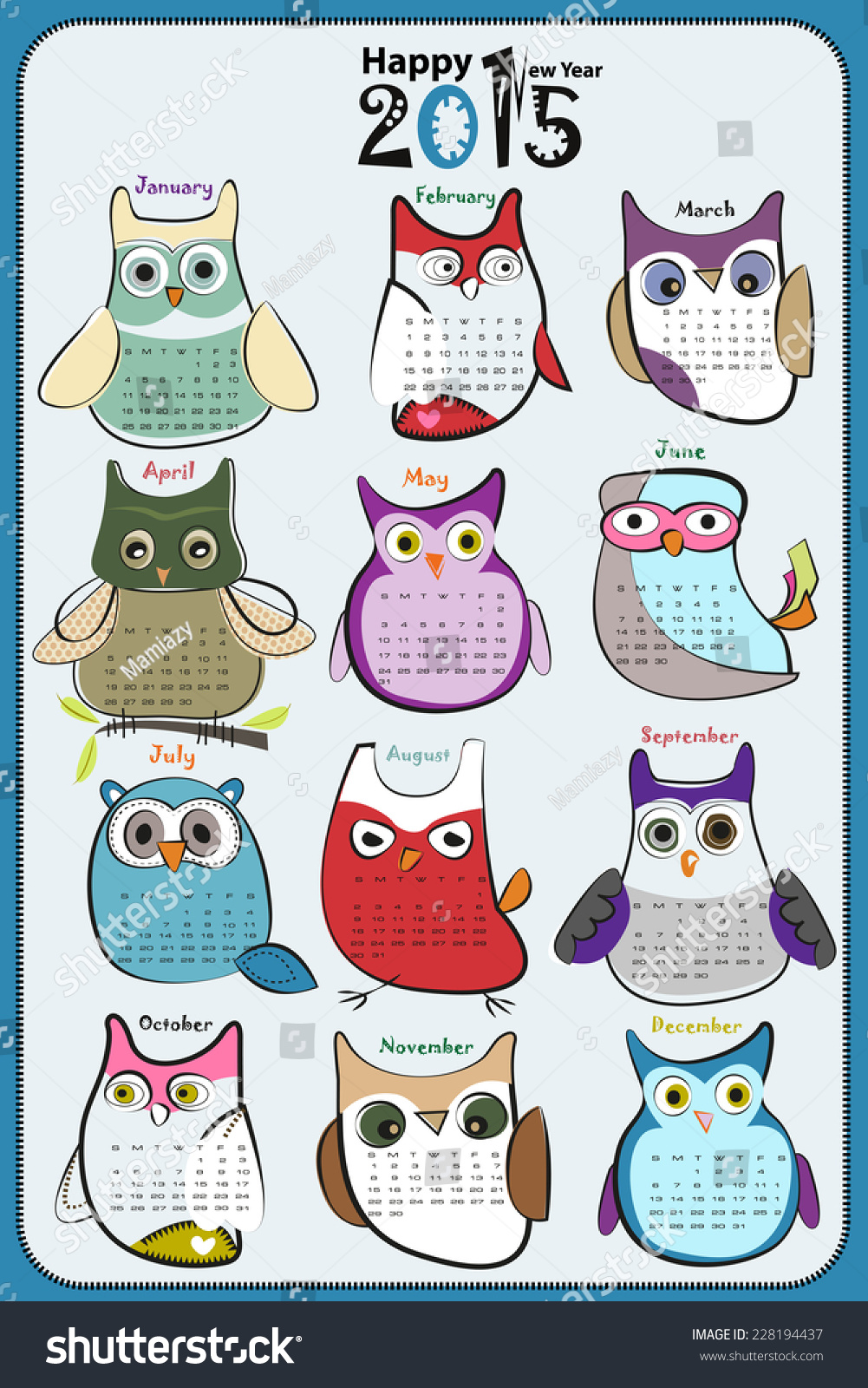 Owl Calendar 2015 Stock Vector 228194437 Shutterstock