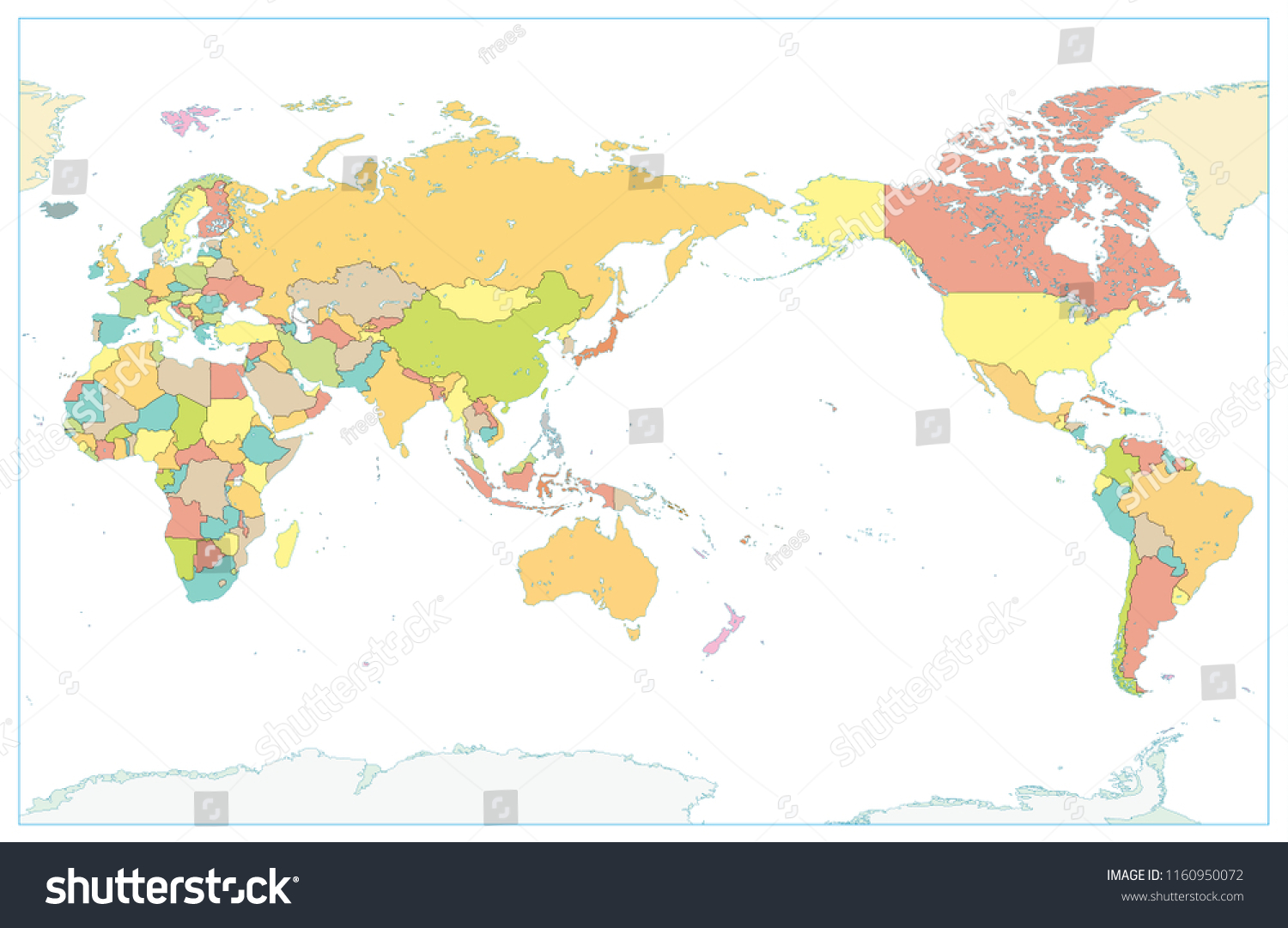 Pacific Centered World Colored Map Isolated Stock Vector Royalty