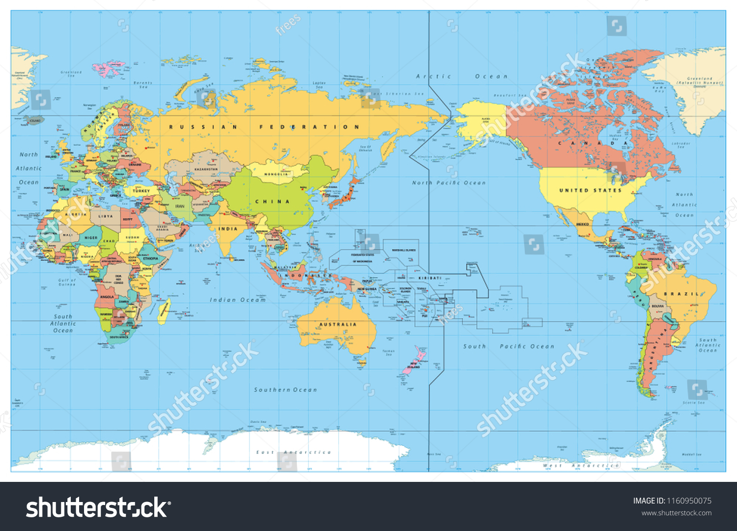 Pacific Centered World Colored Map No Stock Vector (Royalty Free ...