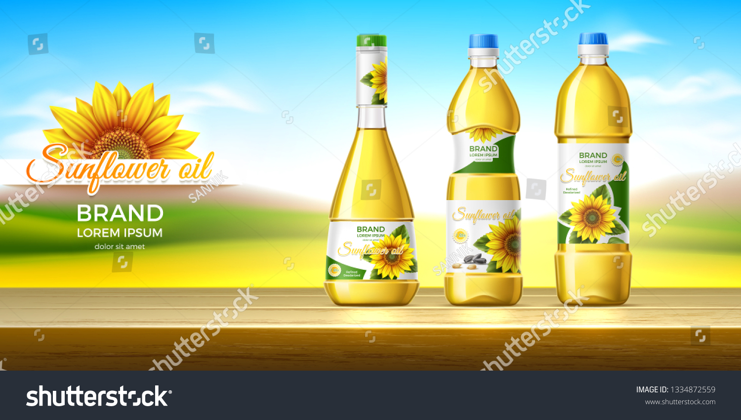 SVG of Packaging design of sunflower oil. Splash effect. Summer landscape. Wooden table. Realistic vector illustration svg