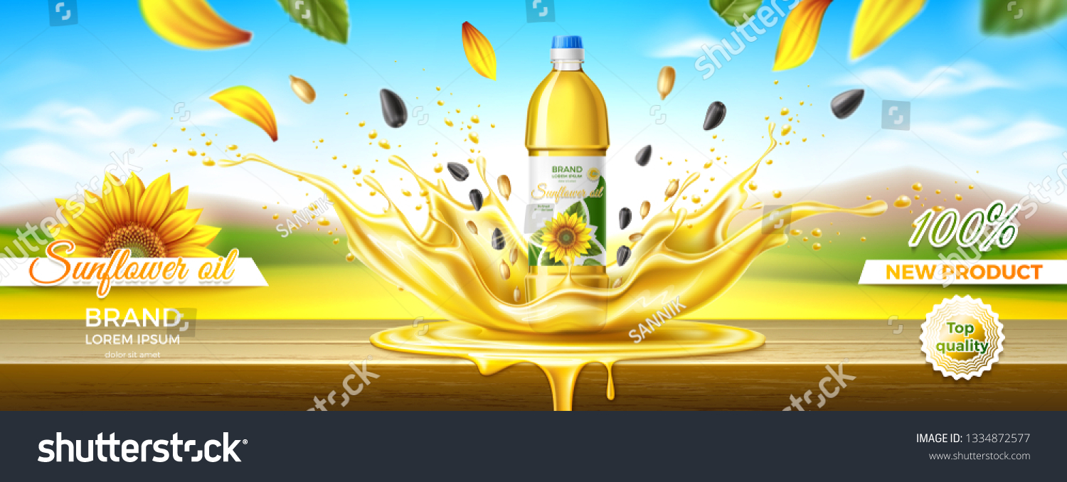 SVG of Packaging design of sunflower oil. Splash effect. Summer landscape. Wooden table. Realistic vector illustration svg