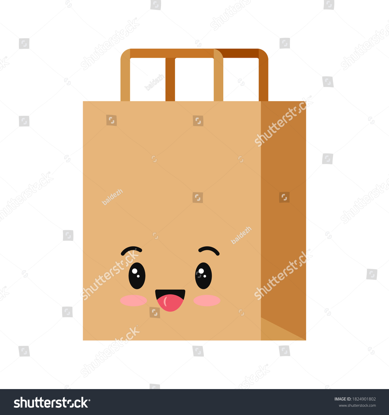 SVG of Packaging for goods emoji character isolated on white background. Smilling kraft brown cardboard supermarket, shop, restaurant, fast food package emoticon. Vector flat design pack icon illustration. svg