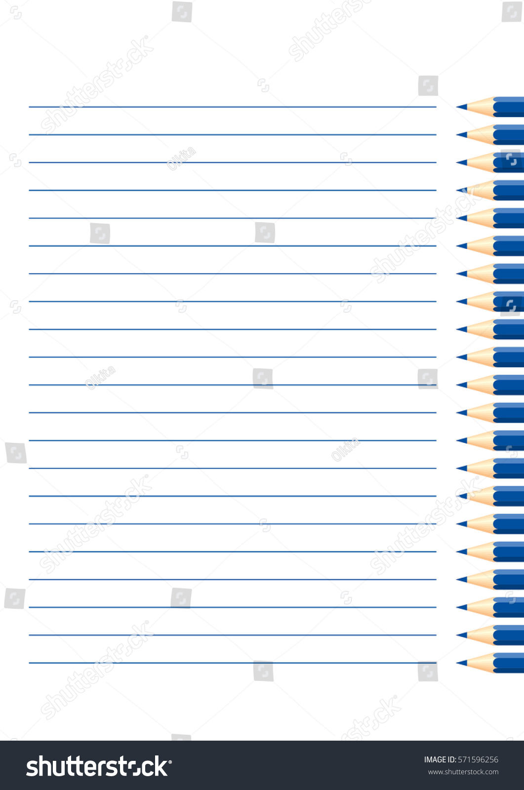 page for notebook with blue color pencils and blue horizontal lines