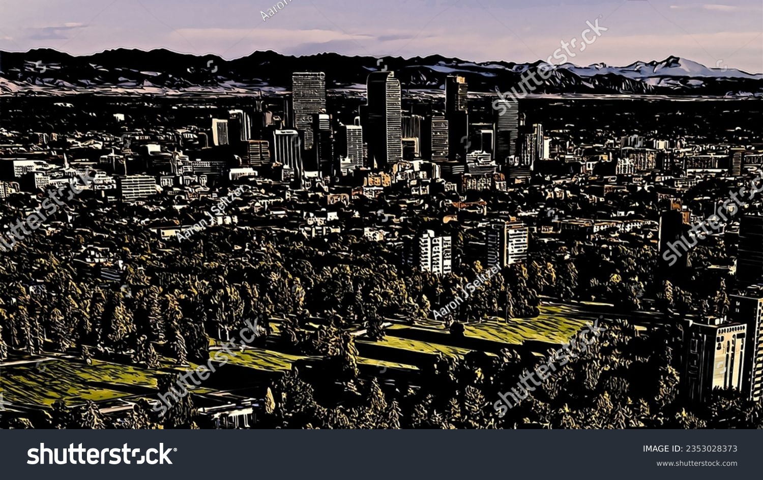 SVG of Painted areal view of the Denver Colorado skyline with the Front Range of the Rocky Mountains in the background svg
