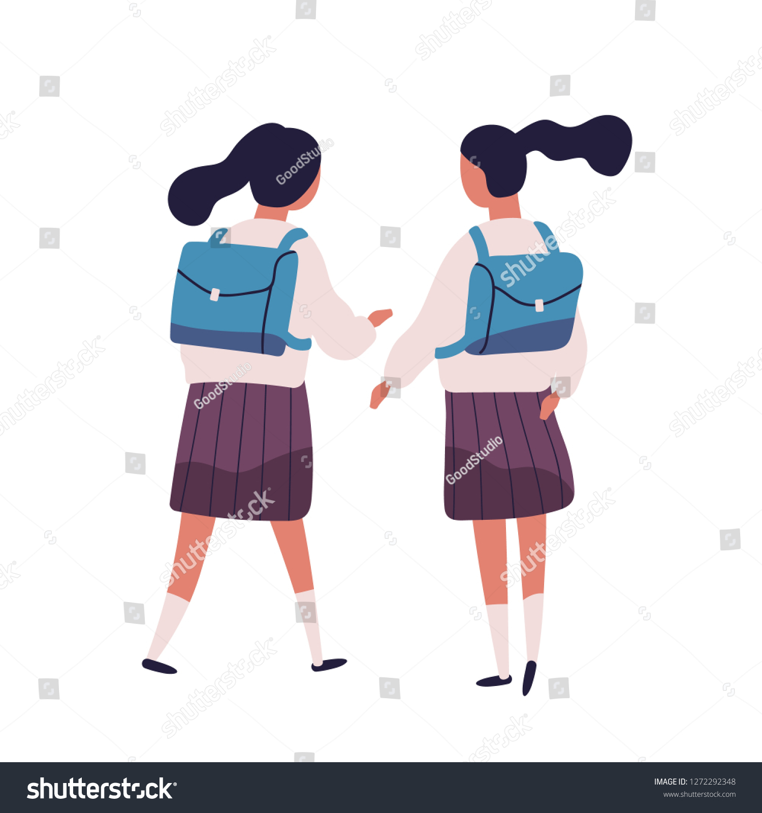 制服を着た女の子や双子の姉妹のペア 女子学生 生徒 クラスメート 同級生 友人が一緒に歩き 話したりおしゃべりしたり 逆に見たりする 平らなベクター イラスト のベクター画像素材 ロイヤリティフリー