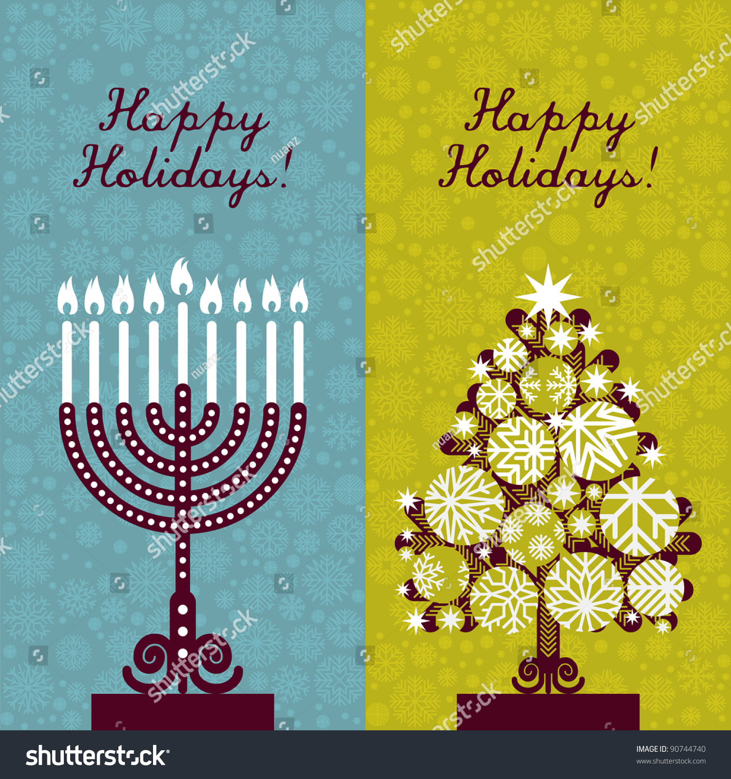Pair of Happy Holidays cards with Christmas tree and Channuka candles