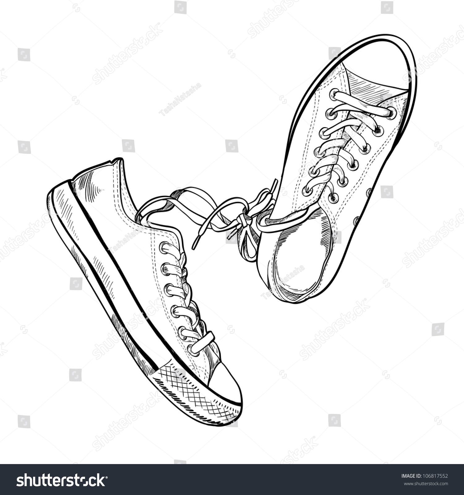 Pair Of Sneakers On White Background Drawn In A Sketch Style. One ...