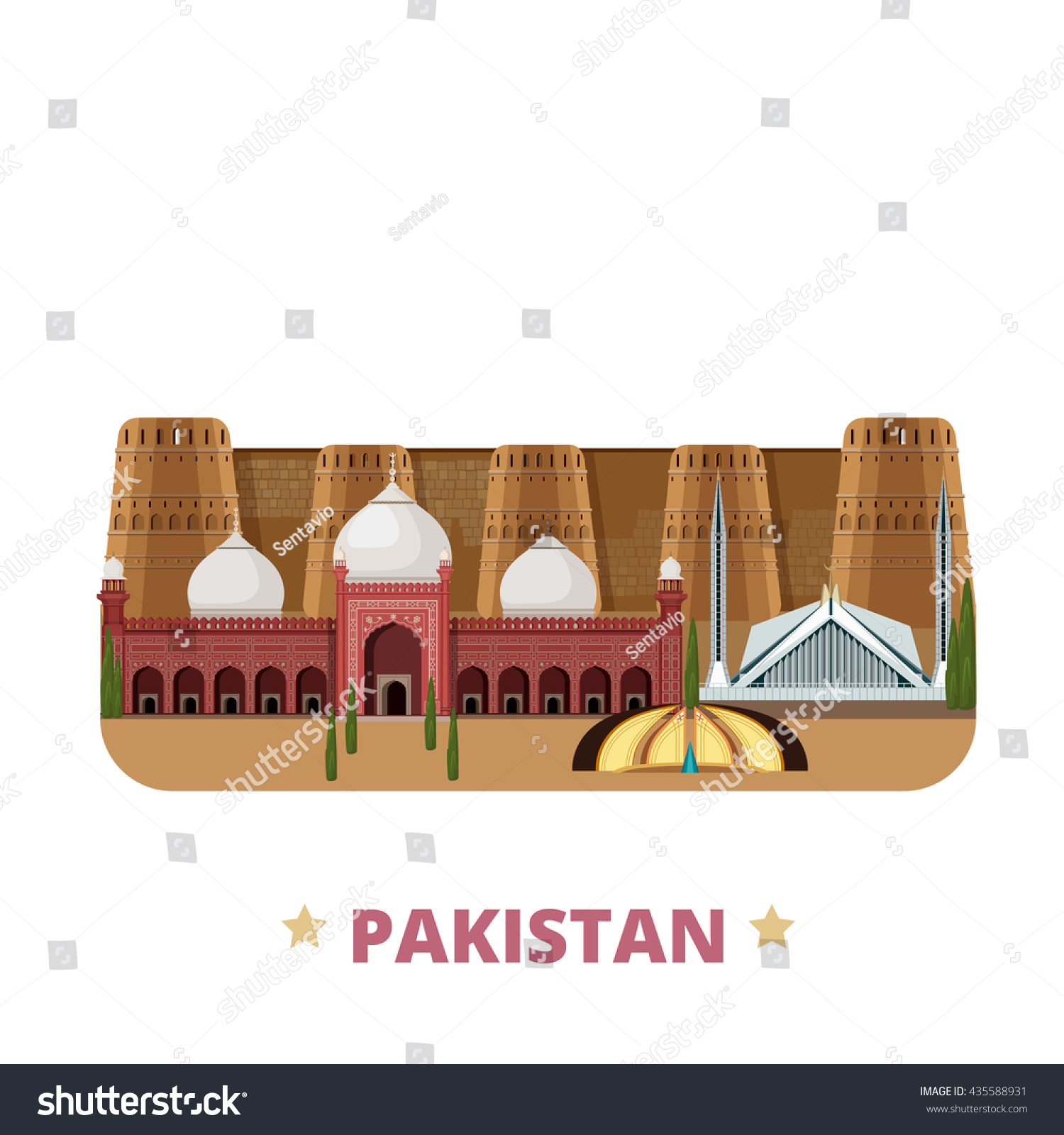 SVG of Pakistan country design template. Flat cartoon style historic sight showplace web site vector illustration. World travel Asia Asian collection. Pakistan Monument Faisal Badshahi Mosque Derawar Fort. svg