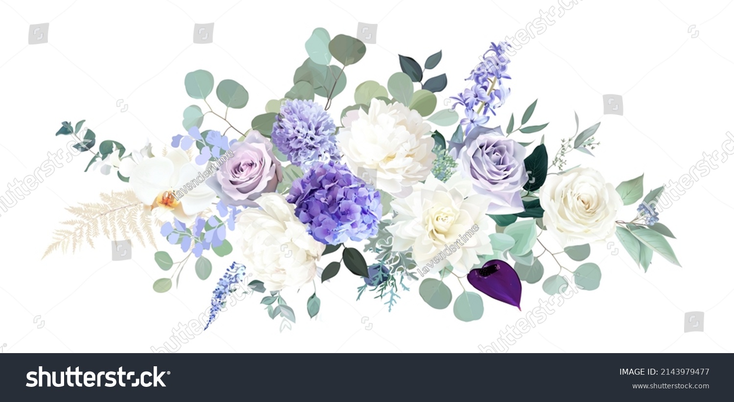 SVG of Pale purple rose, dusty mauve and lilac hyacinth, hydrangea, white dahlia, peony, orchid, dried fern, eucalyptus vector design bouquet. Stylish wedding flower. Elements are isolated and editable svg