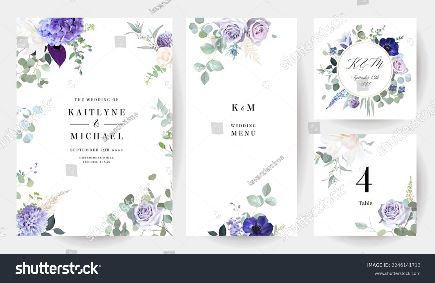 SVG of Pale purple rose, dusty mauve and lilac hyacinth, violet anemone, lavender, white magnolia, campanula, eucalyptus vector design frames. Wedding flower round cards. Elements are isolated and editable svg