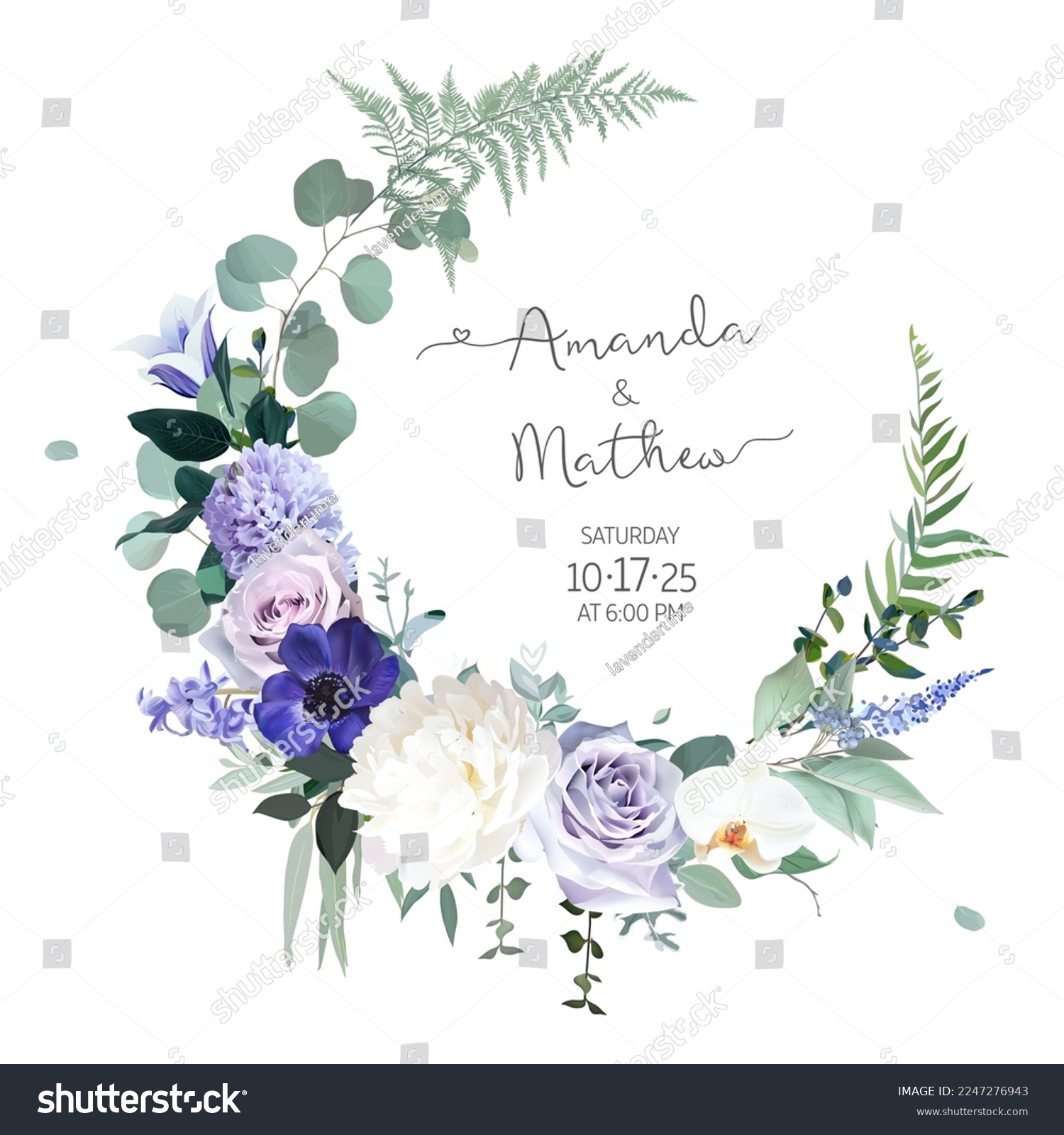 SVG of Pale purple rose, dusty mauve and lilac hyacinth, violet anemone, lavender, white peony, orchid, eucalyptus vector design frame. Stylish wedding flower round card. Elements are isolated and editable svg