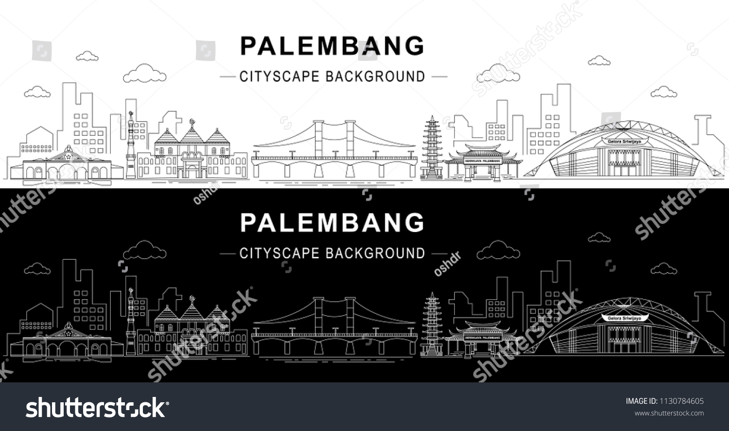SVG of Palembang cityscape iconic background. mosque, bridge, fortress, chinese temple and  stadium. EPS10 svg
