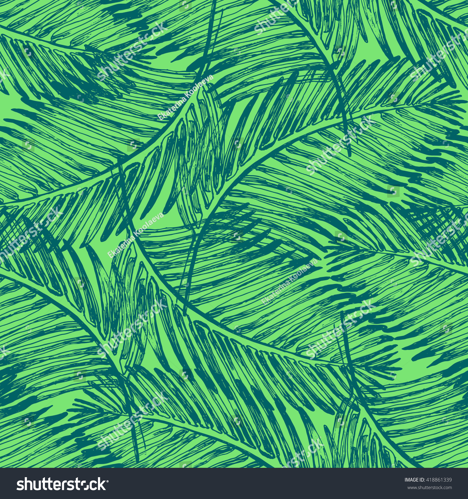 ヤシの葉に熱帯ジャングルの植物のイラスト柄 ビンテージスタイルのシームレスなベクター壁紙 緑の色の背景 熱帯柄 のベクター画像素材 ロイヤリティフリー