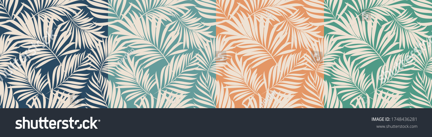 SVG of Palm leaves. Tropical seamless background pattern. Graphic design with amazing palm trees suitable for fabrics, packaging, covers. Set of vector posters. svg